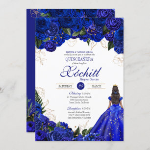 Royal Blue Floral Rose Elegantes Quinceñera Party Einladung