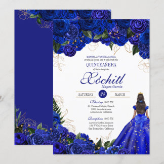Royal Blue Floral Rose Elegantes Quinceñera Party Einladung