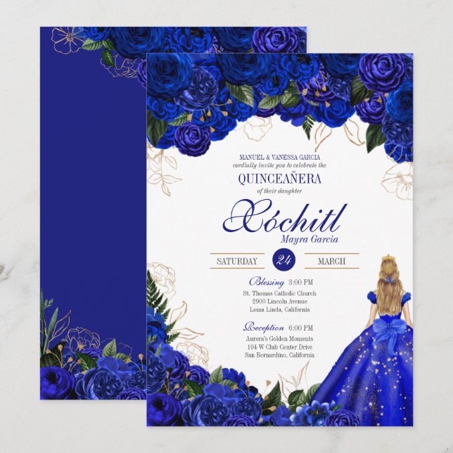 Royal Blue Floral Rose Elegantes Quinceñera Party Einladung (Vorne/Hinten)