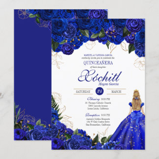 Royal Blue Floral Rose Elegantes Quinceñera Party Einladung