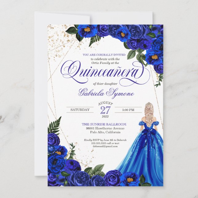 Royal Blue Floral Rose & Gold Elegante  Einladung (Vorderseite)