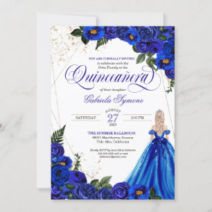 Royal Blue Floral Rose & Gold Elegante  Einladung