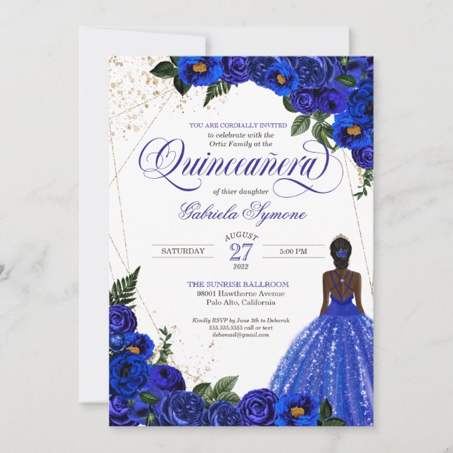 Royal Blue Floral Rose & Gold Elegante Quinceñera Einladung (Vorderseite)