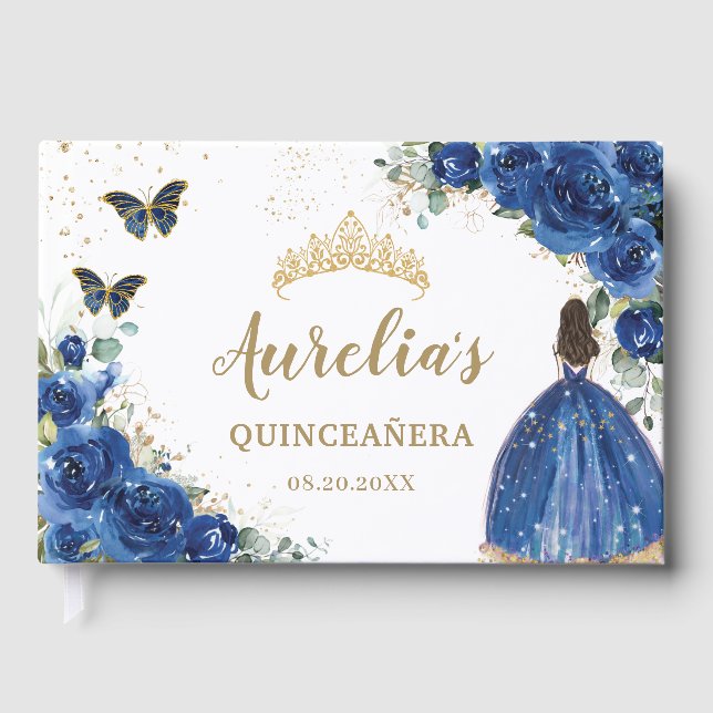 Royal Blue Floral Rose Princess Gold Quinceñera Gästebuch (Vorderseite)