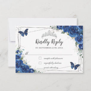 Royal Blue Floral Rose Quinceañera Butterfliegen RSVP Karte