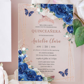 Royal Blue Floral Rosen Gold Quinceñera Birthday Acryleinladungen