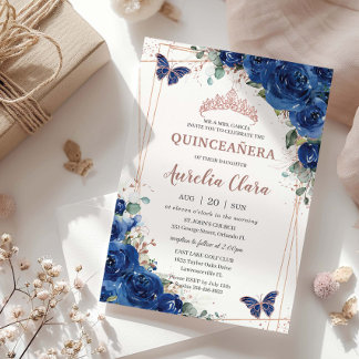 Royal Blue Floral Rosen Gold Quinceñera Birthday Einladung