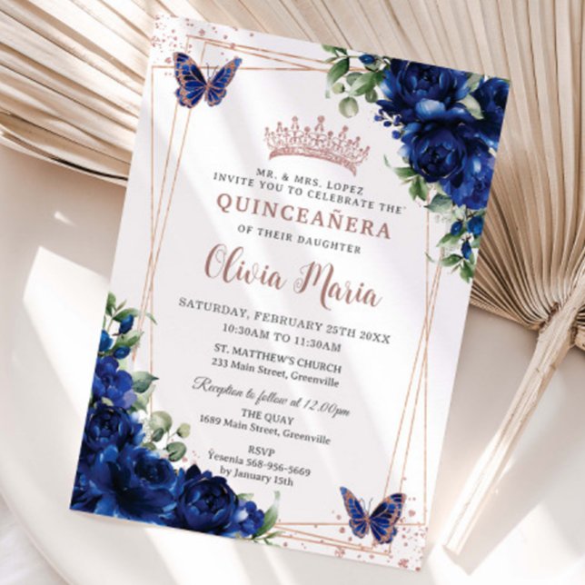 Royal Blue Floral Rosen Gold Quinceñera Butterfly Einladung (Von Creator hochgeladen)