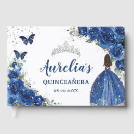 Royal Blue Floral Rosen Princess Silver Quinceñera Gästebuch