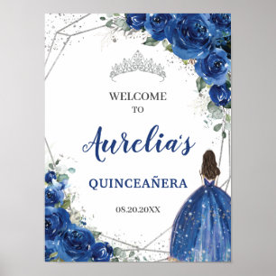 Royal Blue Floral Rosen Silver Quinceñera Willkomm Poster