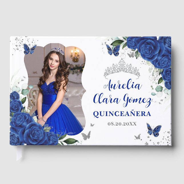 Royal Blue Floral Silver QUINCEAÑERA 15 Photograph Gästebuch (Vorderseite)