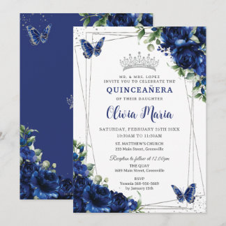 Royal Blue Floral Silver Quinceañera Butterfliegen Einladung