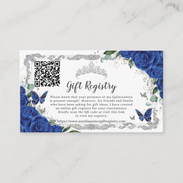 Royal Blue Floral Silver Quinceañera Gift Registry Begleitkarte (Vorderseite)
