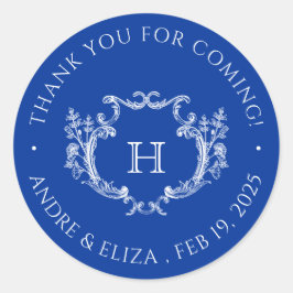 Royal Blue Floral Wappen Monogram Wedcker Runder Aufkleber