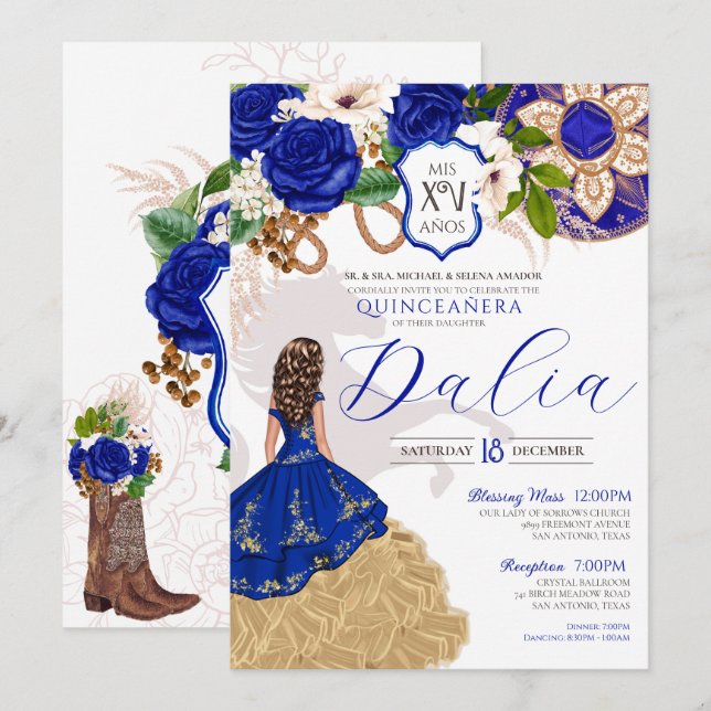 Royal Blue Floral Wappen Rose Charro Quinceñera Einladung (Vorne/Hinten)