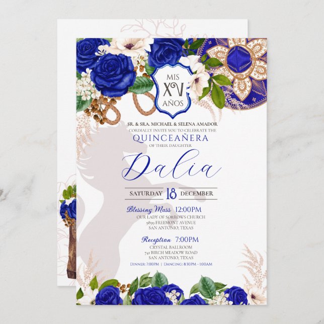 Royal Blue Floral Wappen Rose Charro Quinceñera Einladung (Vorne/Hinten)