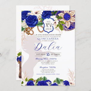 Royal Blue Floral Wappen Rose Charro Quinceñera Einladung
