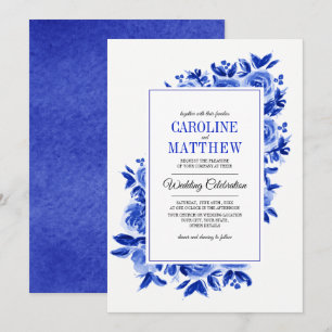Royal Blue Floral Watercolor Einladungen für Hochz