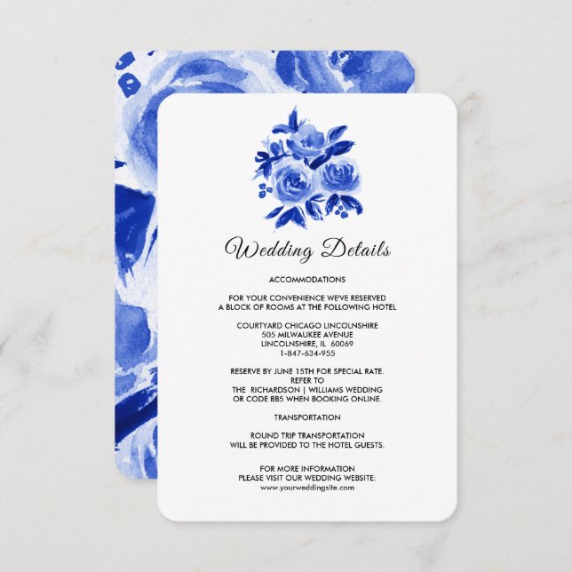 Royal Blue Floral Watercolor Hochzeitskarte Begleitkarte (Vorne/Hinten)