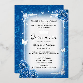 Royal Blue Floral Watercolor Quinceañera Silver Folieneinladung