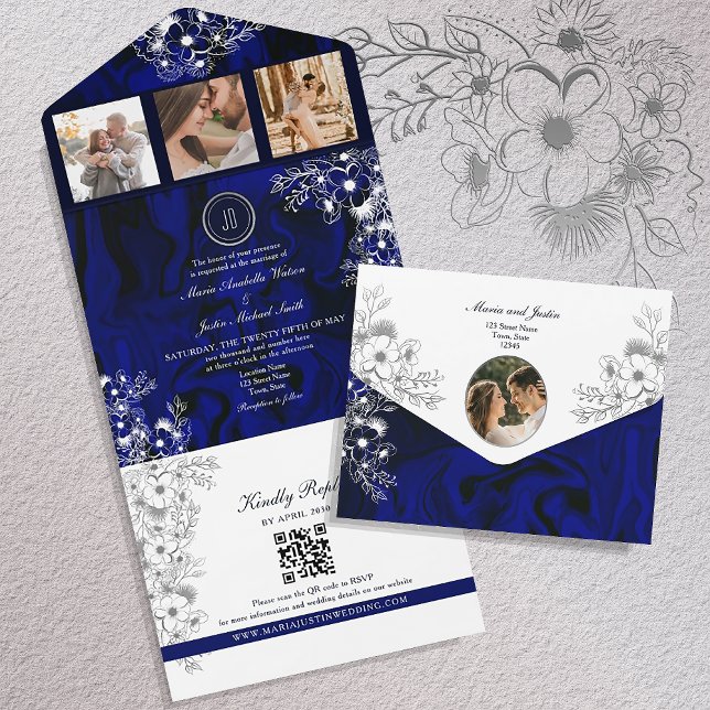 Royal Blue Floral Wedding All In One Einladung (Von Creator hochgeladen)