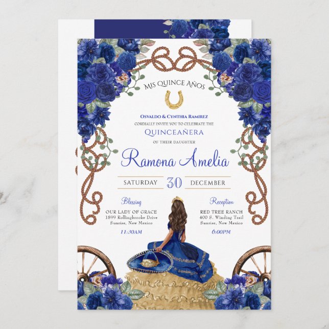 Royal Blue Floral Western Charra Quinceañera Einladung (Vorne/Hinten)