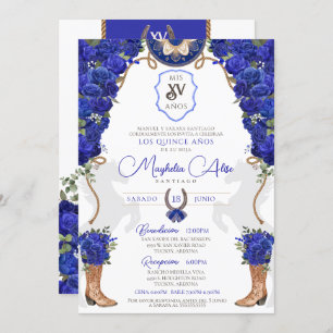 Royal Blue Floral Western Charro Quinceañera Einladung