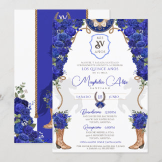 Royal Blue Floral Western Charro Quinceañera Einladung