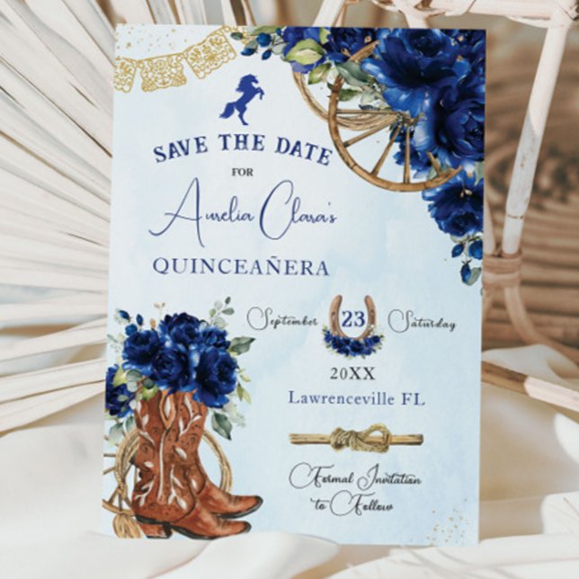 Royal Blue Floral Wild West Charro Quinceañera XV Save The Date (Von Creator hochgeladen)