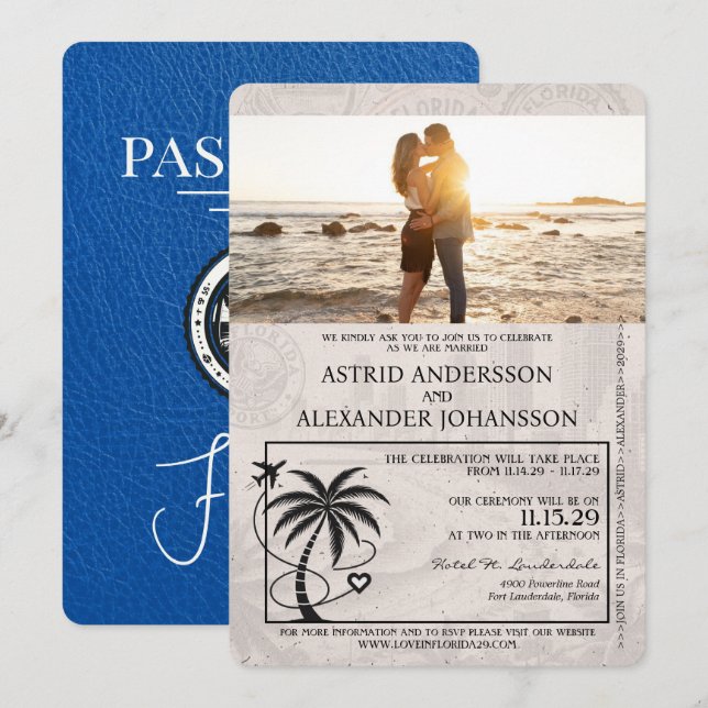 Royal Blue Florida Passport Hochzeit Einladung (Vorne/Hinten)