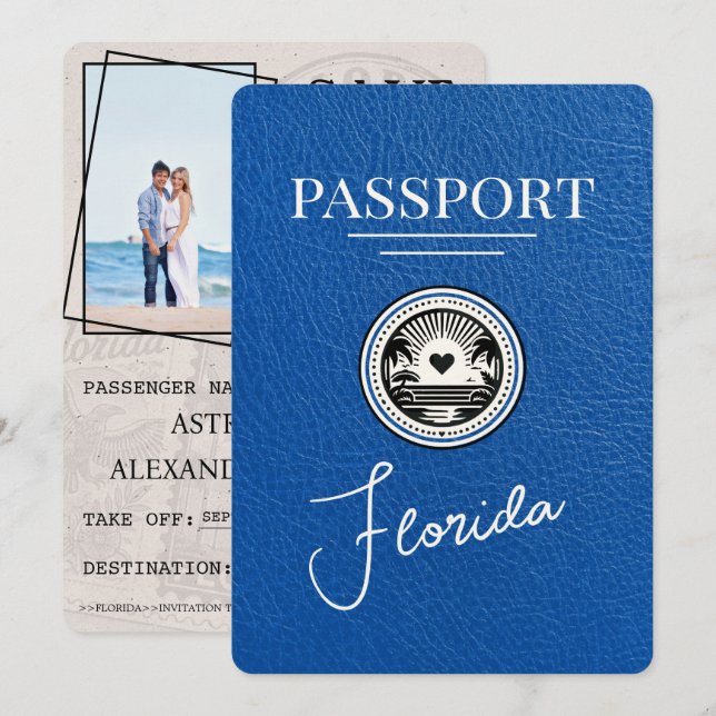 Royal Blue Florida Passport Save the Date (Vorne/Hinten)