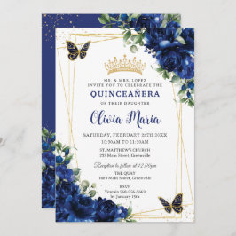 Royal Blue Flowers Floral Quinceañera Butterflies Einladung