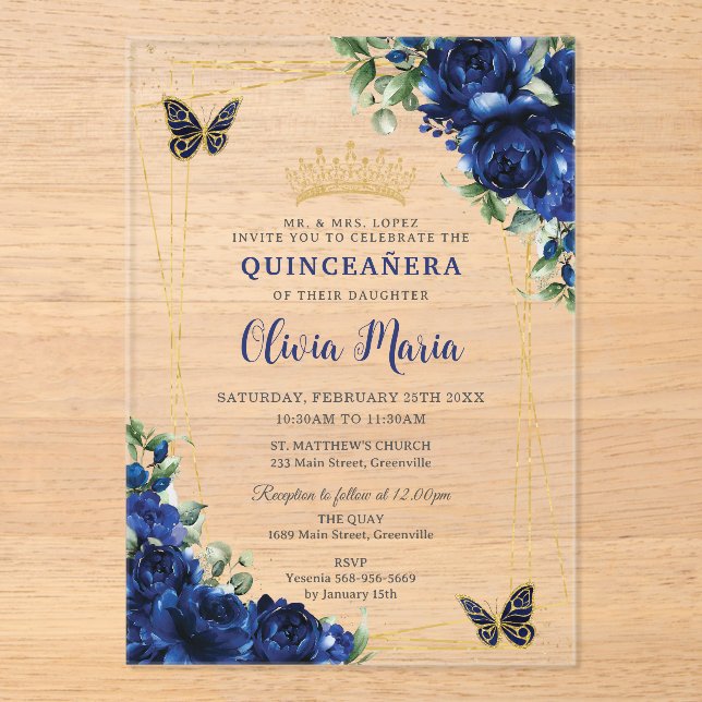 Royal Blue Flowers Floral Quinceñera Butterflies Acryleinladungen (Vorderseite)