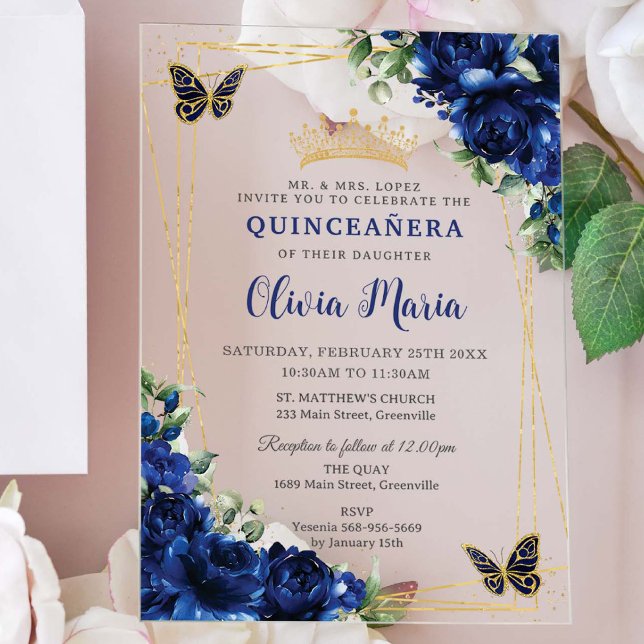 Royal Blue Flowers Floral Quinceñera Butterflies Acryleinladungen (Von Creator hochgeladen)