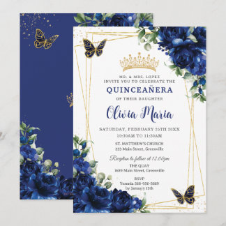 Royal Blue Flowers Floral Quinceñera Butterflies Einladung