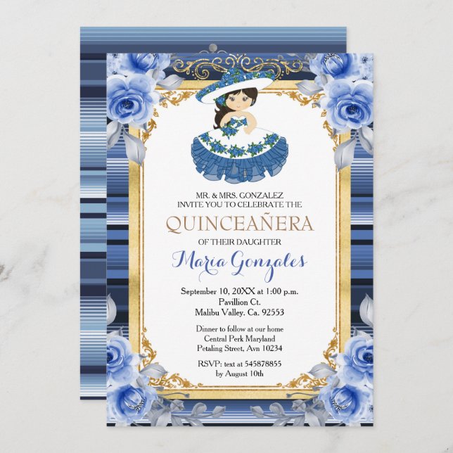 Royal Blue Flowers Gold Quinceanera Einladung (Vorne/Hinten)