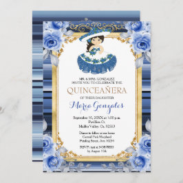 Royal Blue Flowers Gold Quinceanera Einladung