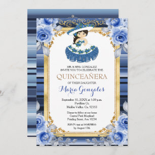 Royal Blue Flowers Gold Quinceanera Einladung