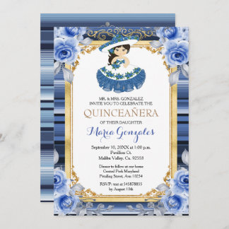 Royal Blue Flowers Gold Quinceanera Einladung
