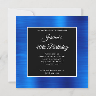 Royal Blue Foil Black und White 40. Geburtstag Einladung