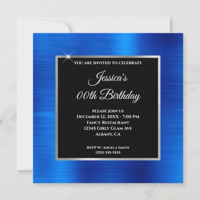 Royal Blue Foil Glam Silver Black Overlay Geburtst Einladung (Vorderseite)