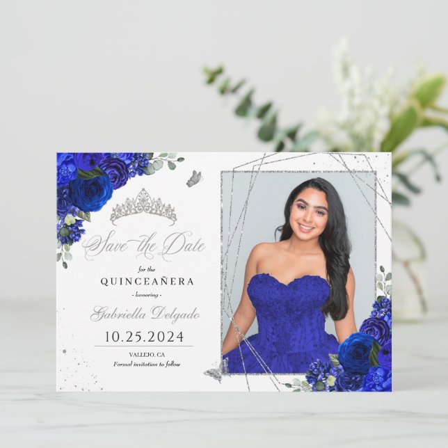 Royal Blue Foto Card Quinceañera Save the Date Einladung (Stehend Vorderseite)