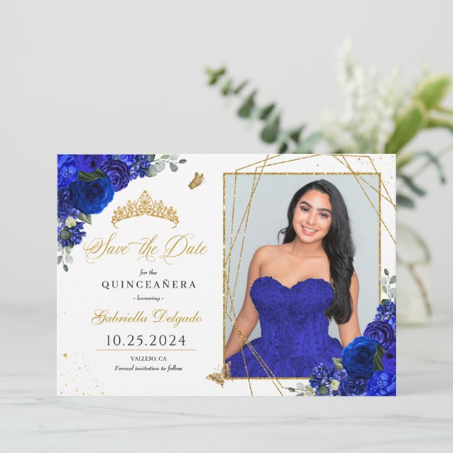 Royal Blue Foto Card Quinceañera Save the Date Einladung (Stehend Vorderseite)