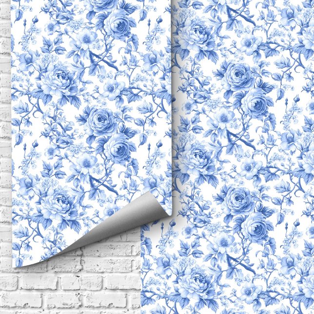 Royal Blue French Toile Roses Floral Wallpaper  Tapete (Royal Blue French Toile Roses Floral Wallpaper Design)