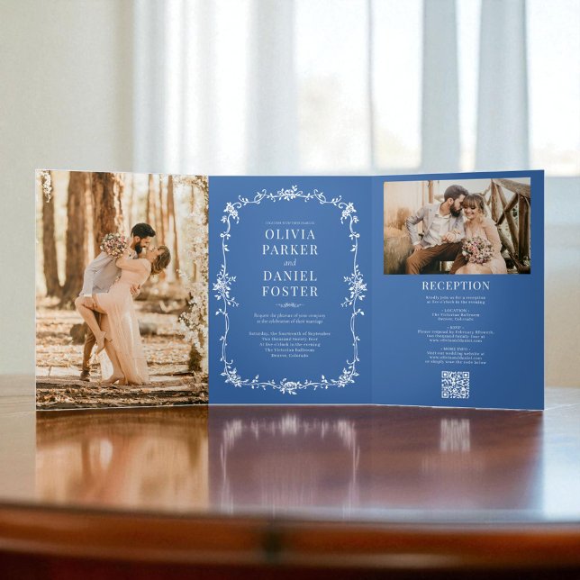 Royal Blue French Viktorianisch QR Code Foto Weddi Dreifach Gefaltete Einladung (Von Creator hochgeladen)