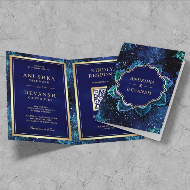 Royal Blue Galaxy Mandala QR Code Indian Wedding Einladung (Von Creator hochgeladen)