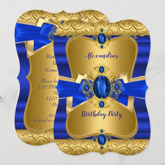Royal Blue Gem Gold Bow Birthday Party Einladung (Vorne/Hinten)