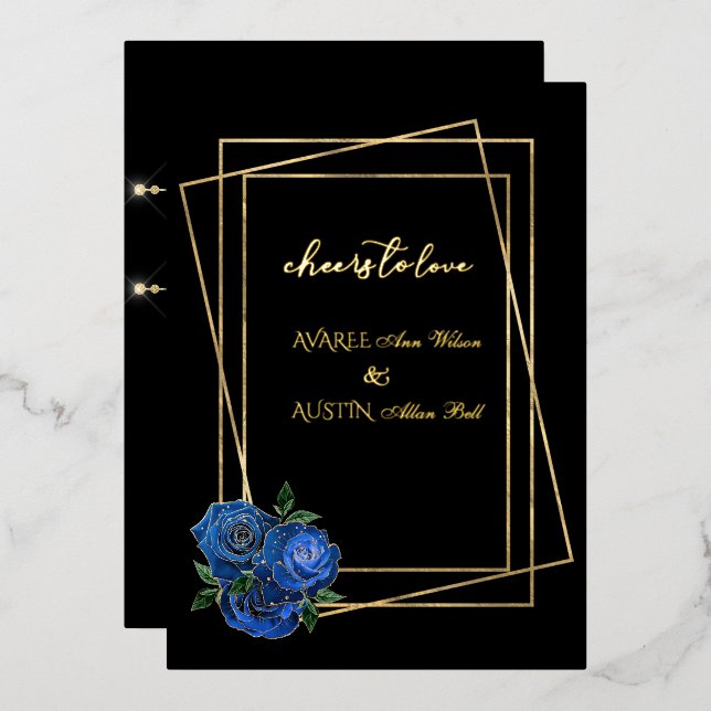 Royal Blue Glam Rose und Black and Gold Folieneinladung (Vorderseite/Rückseite)