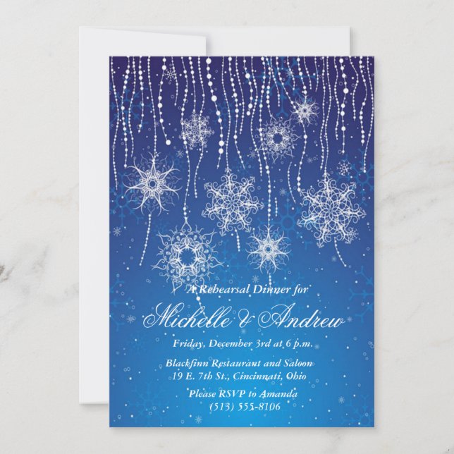 Royal Blue Glam Snowflakes Winterabendessen Party Einladung (Vorderseite)