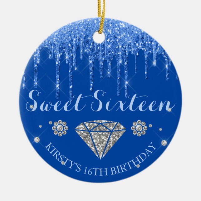 Royal Blue Glitter Drip Diamond Sweet Sixteen Keramik Ornament (Vorne)
